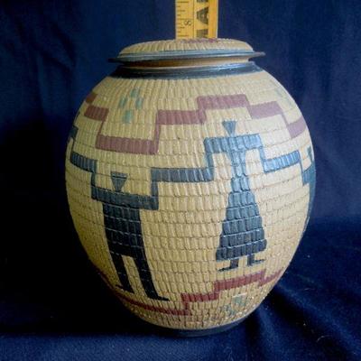 Lot 129: Native American Basket Pottery Covered Vessel
