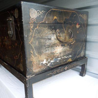 Lot 42A: Antique Hand Painted Oriental Black Trunk with Stand 19th Century