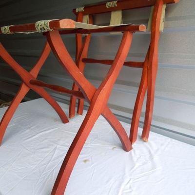 Lot 47: Two Vintage Wood and Embroidered Ribbon Folding Luggage Racks