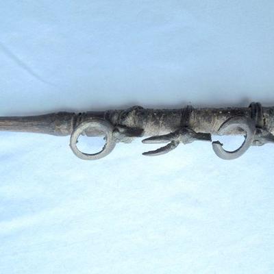 Lot 54: Antique African Ceremonial Staff With Antlered Brass Rings