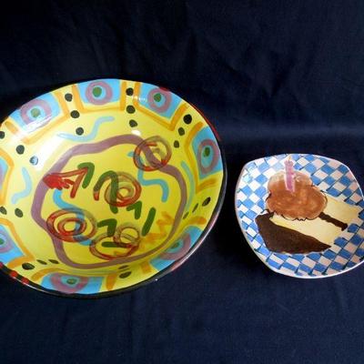 Lot 128: Handpainted Festive Ceramic Bowl and Plate