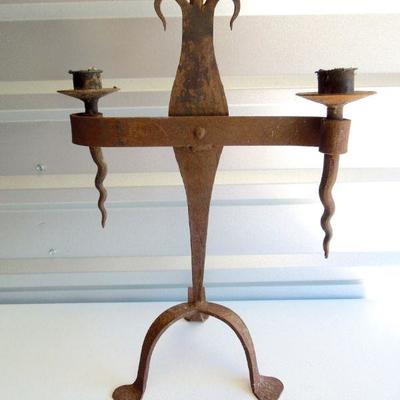 Lot 200: Forged Iron Gothic Double Candlestick