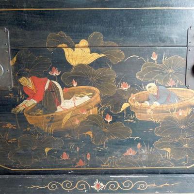 Lot 42A: Antique Hand Painted Oriental Black Trunk with Stand 19th Century