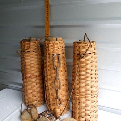 Lot 45: Three Linked Antique Fish Trap Baskets With Chain and Cork Floats