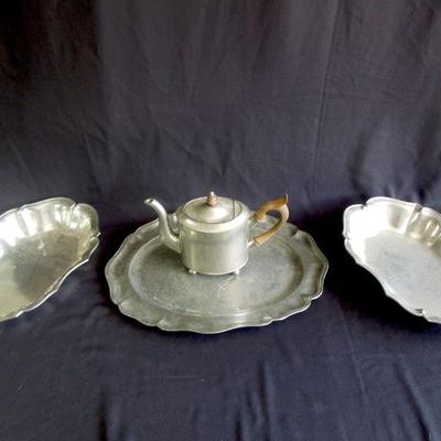 Lot 130: 4 Pieces of Vintage Pewter Serving Pieces Teapot