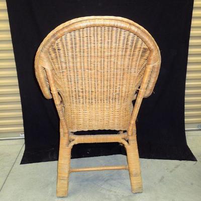 Lot 210: Mid Century Wicker Patio Chair and Cane Foot Stool