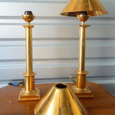Lot 194:  Pair of Art Deco Brass Lamps With Brass Shades