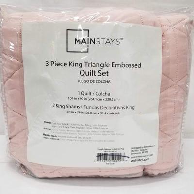 Mainstays 3 Piece King Triangle Embossed Quilt Set - Pink/Gray - New