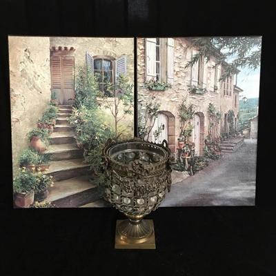 Lot 51 - Framed Artwork and Brass Vase