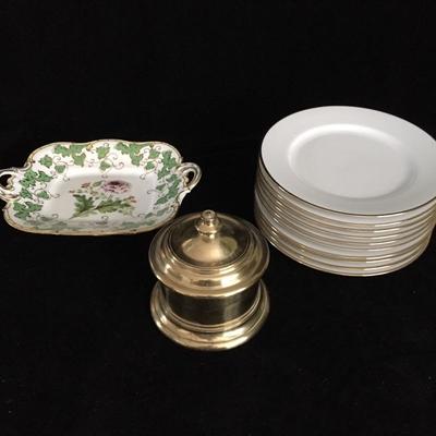 Lot 31 - Gold Rimmed Plates, Brass Pot and a Floral Platter