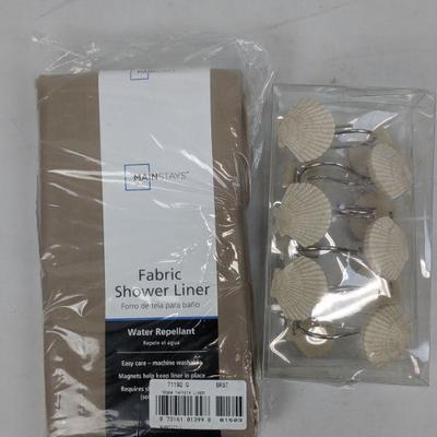 Mainstays Fabric Shower Liner Beige, Sea Shell Shower Hooks - New