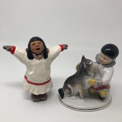 126:  USSR Eskimo Girl and Boy with Dog Signed Figurine