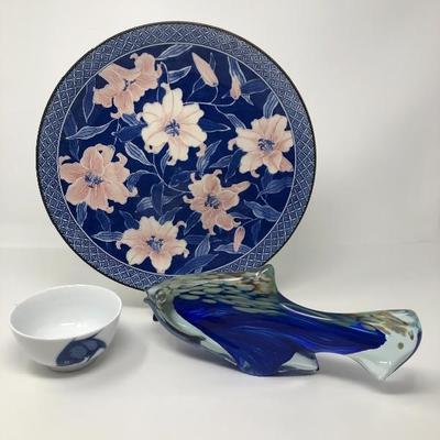 130:  Hand Crafted Glass Fish, Floral Japanese Charger and Small Fish Bowl