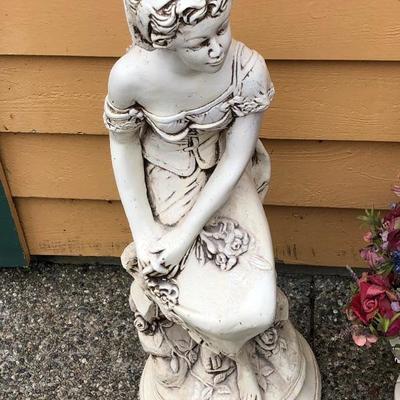 301:  Peasant Girl Statue And Ceramic Planter with Floral Arrangement