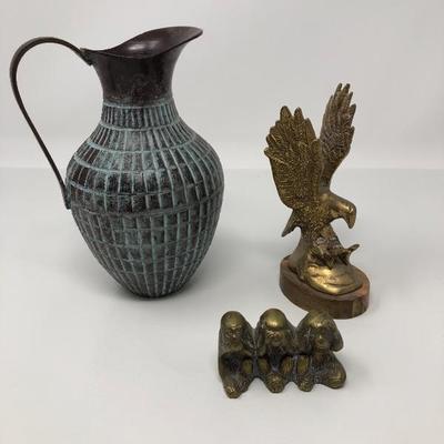 231:  Antique India Copper Pitcher/Vase, Brass Eagle and Brass Monkey's 