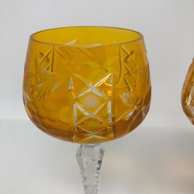 136: Bohemian Colored Czech Etched Hand Cut Crystal Wine Goblets