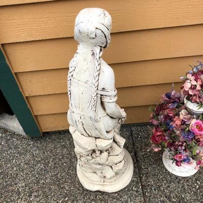 301:  Peasant Girl Statue And Ceramic Planter with Floral Arrangement