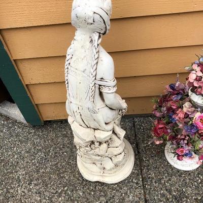 301:  Peasant Girl Statue And Ceramic Planter with Floral Arrangement