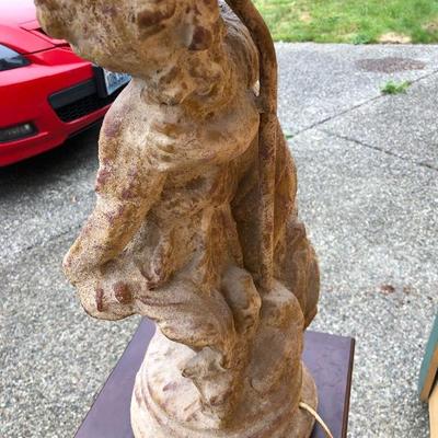 308:  Antique Statue Lamp with Metal Shade and Pedestal Table