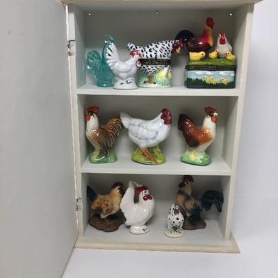 127:   Miniature Chicken and Rooster Collection in Charming Wood Shelf Cabinet