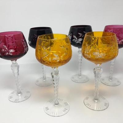 136: Bohemian Colored Czech Etched Hand Cut Crystal Wine Goblets