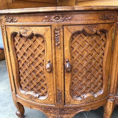 302:  Antique German Solid Wood Hand Carved Corner Hutch