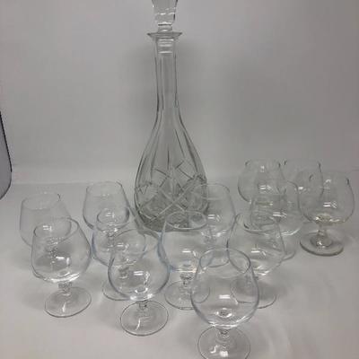119:  Crystal Decanter with 12 Brandy Glasses 
