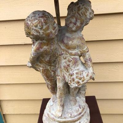 308:  Antique Statue Lamp with Metal Shade and Pedestal Table