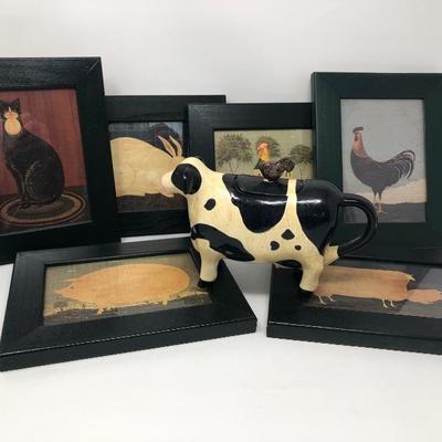 195:  Framed Country Art and Designer Cow Creamer