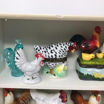 127:   Miniature Chicken and Rooster Collection in Charming Wood Shelf Cabinet