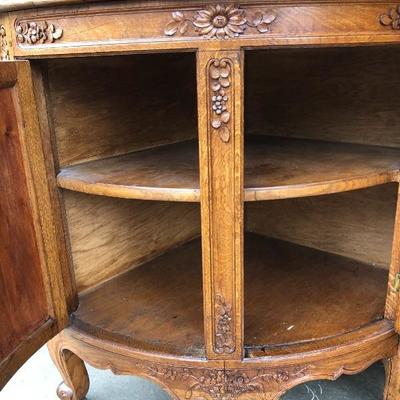 302:  Antique German Solid Wood Hand Carved Corner Hutch