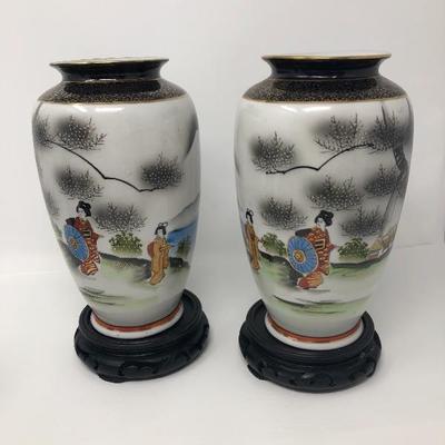 123:   Hand Painted Oriental Vases with Oriental Bowls