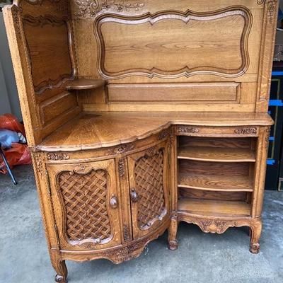 302:  Antique German Solid Wood Hand Carved Corner Hutch