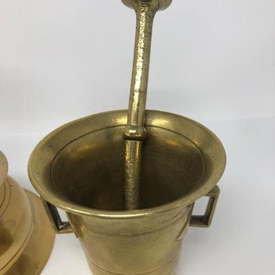189:  Solid Brass Candlestick and Antique Mortar and Pestle Skultuna Bruk 