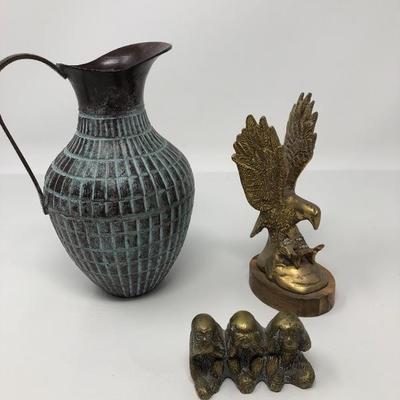 231:  Antique India Copper Pitcher/Vase, Brass Eagle and Brass Monkey's 
