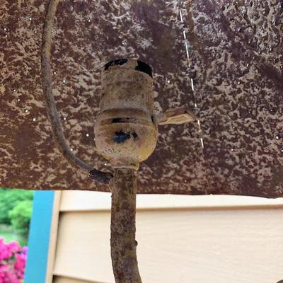 308:  Antique Statue Lamp with Metal Shade and Pedestal Table