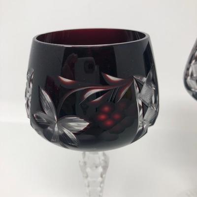 136: Bohemian Colored Czech Etched Hand Cut Crystal Wine Goblets
