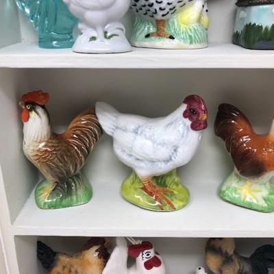 127:   Miniature Chicken and Rooster Collection in Charming Wood Shelf Cabinet