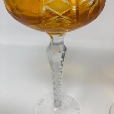 136: Bohemian Colored Czech Etched Hand Cut Crystal Wine Goblets