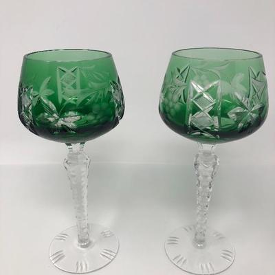 137:  Bohemian Colored Czech Etched Hand Cut Crystal Wine Goblets