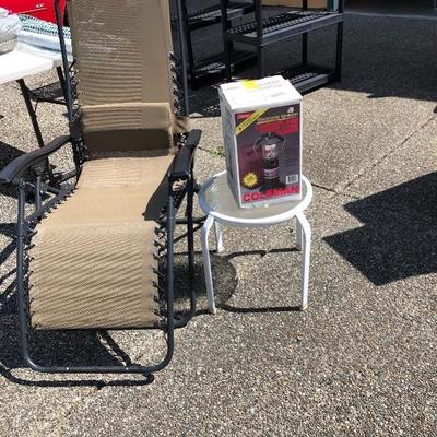 220:  Lounge Lawn Chair, Side Table and Propane Lantern