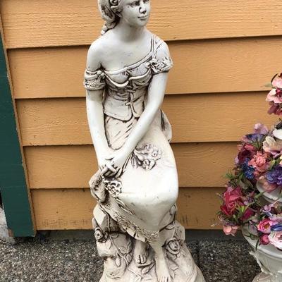 301:  Peasant Girl Statue And Ceramic Planter with Floral Arrangement