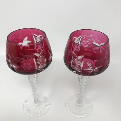 136: Bohemian Colored Czech Etched Hand Cut Crystal Wine Goblets
