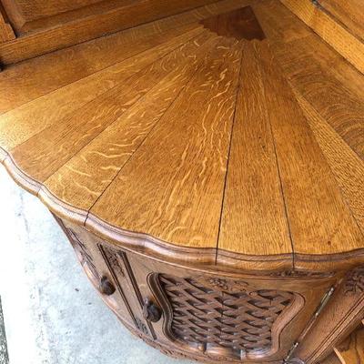302:  Antique German Solid Wood Hand Carved Corner Hutch