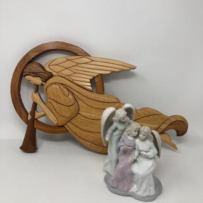 202:  Multi Wood Hand Crafted Angel, Porcelain Angels 