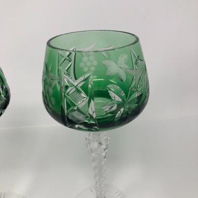 137:  Bohemian Colored Czech Etched Hand Cut Crystal Wine Goblets