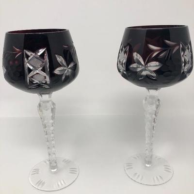 136: Bohemian Colored Czech Etched Hand Cut Crystal Wine Goblets