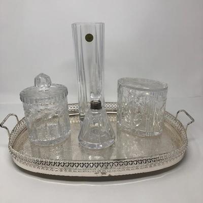122:  Crystal Perfume Bottle, Cristal d' Arques French Vase and Tray 