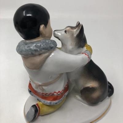 126:  USSR Eskimo Girl and Boy with Dog Signed Figurine