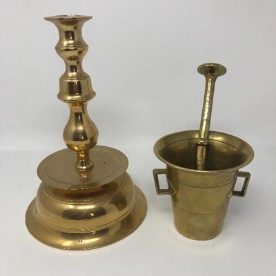 189:  Solid Brass Candlestick and Antique Mortar and Pestle Skultuna Bruk 